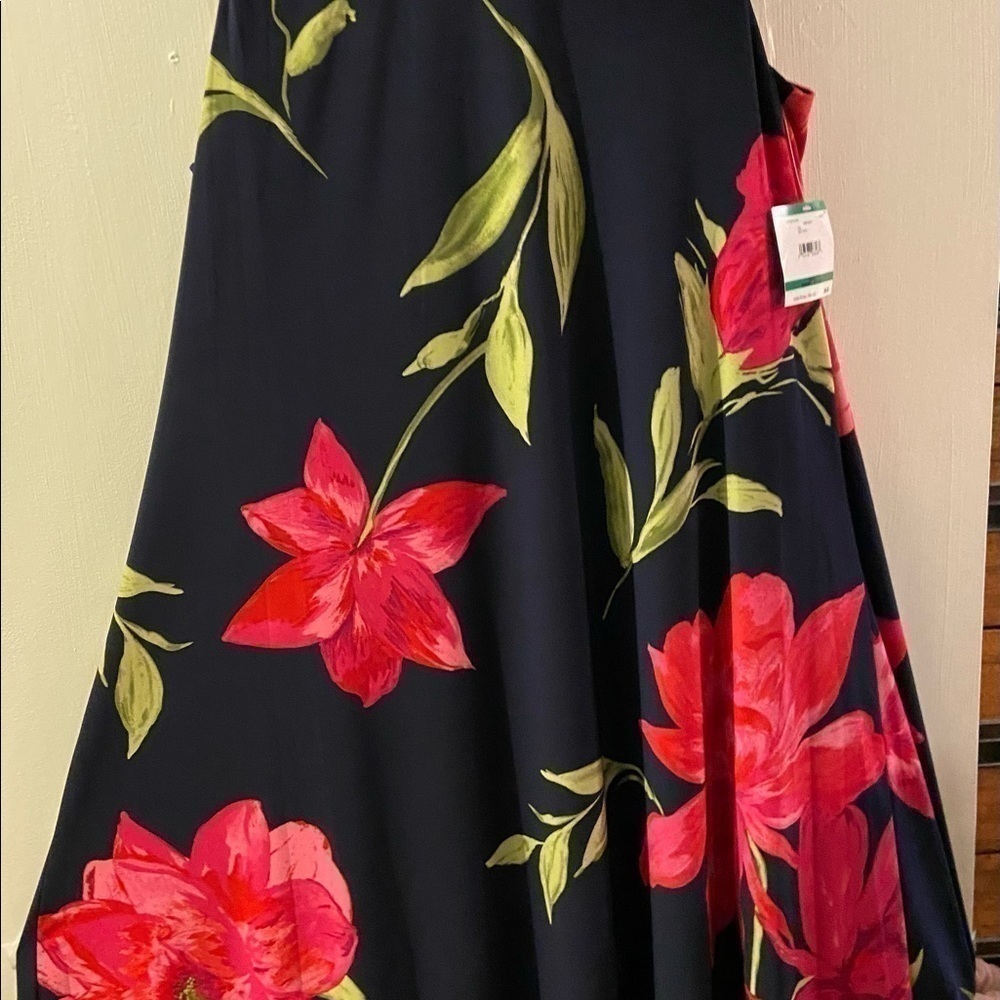 Blossom Buddy Red and Navy Blue Floral Print Anne Klein Dress - Picture 1 of 9